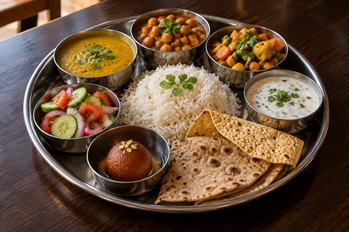 Vegetarischer Thali – KI-generierte Servierillustration